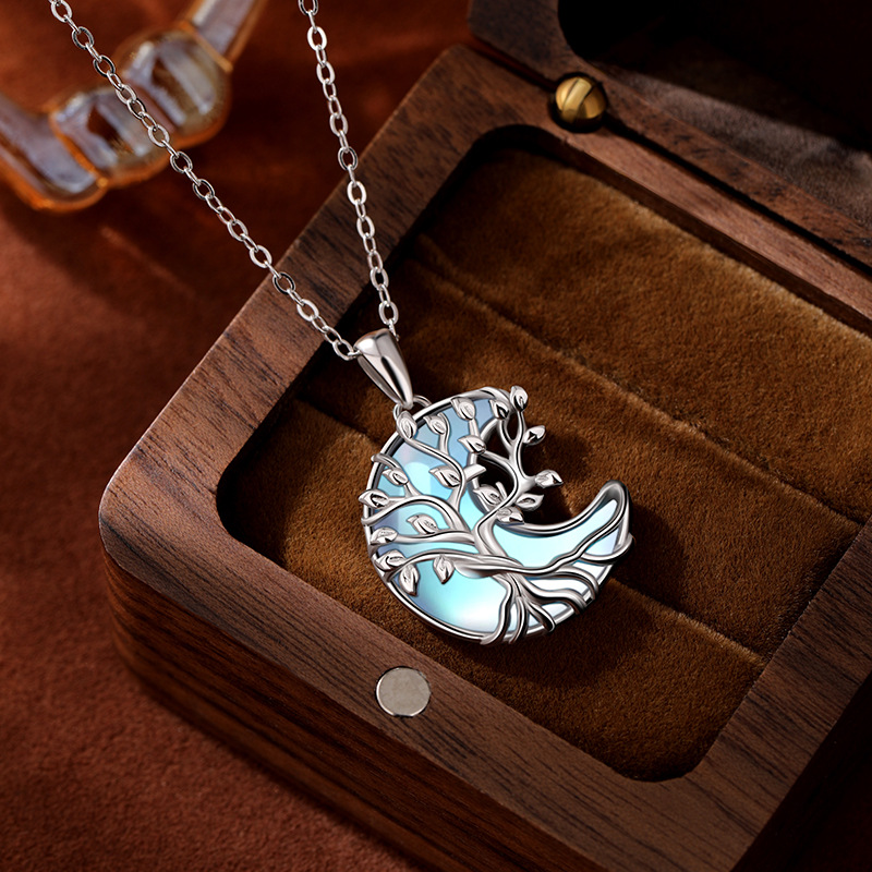 TEMU Cross-border S925 Colgante de luna de piedra lunar de plata esterlina Collar de árbol de vida de alta calidad de lujo ligero europeo y americano Mujer