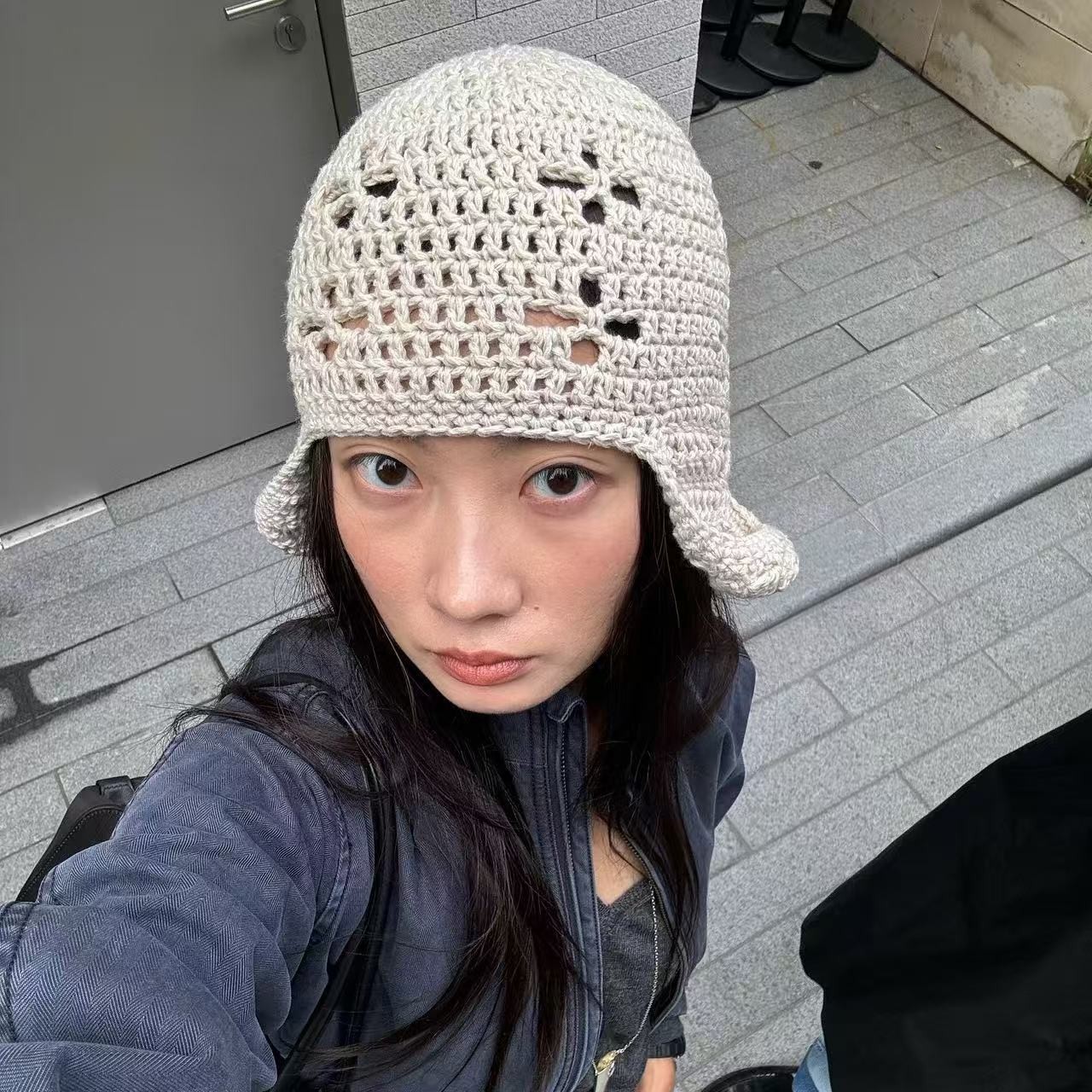 春夏薄款棉线镂空纯色护卷边飞行针织毛线帽透气包头ins博主同款