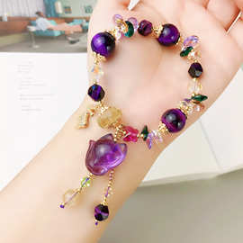 紫色虎眼石紫晶狐狸福袋手链显白奥地利水晶手串手工饰品串珠首饰