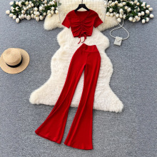 严选休闲运动风两件套女纯欲心机抽绳V领短袖上衣高腰包臀喇叭裤