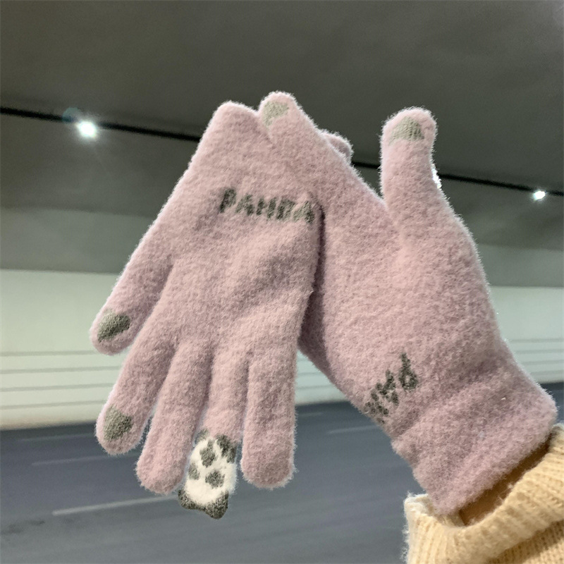 Gloves Autumn and Winter Female Cute Cycling Warmth and Thickened Cold Protection Student Knitted Wool Touchable Screen Cotton Gloves with Five Fingers