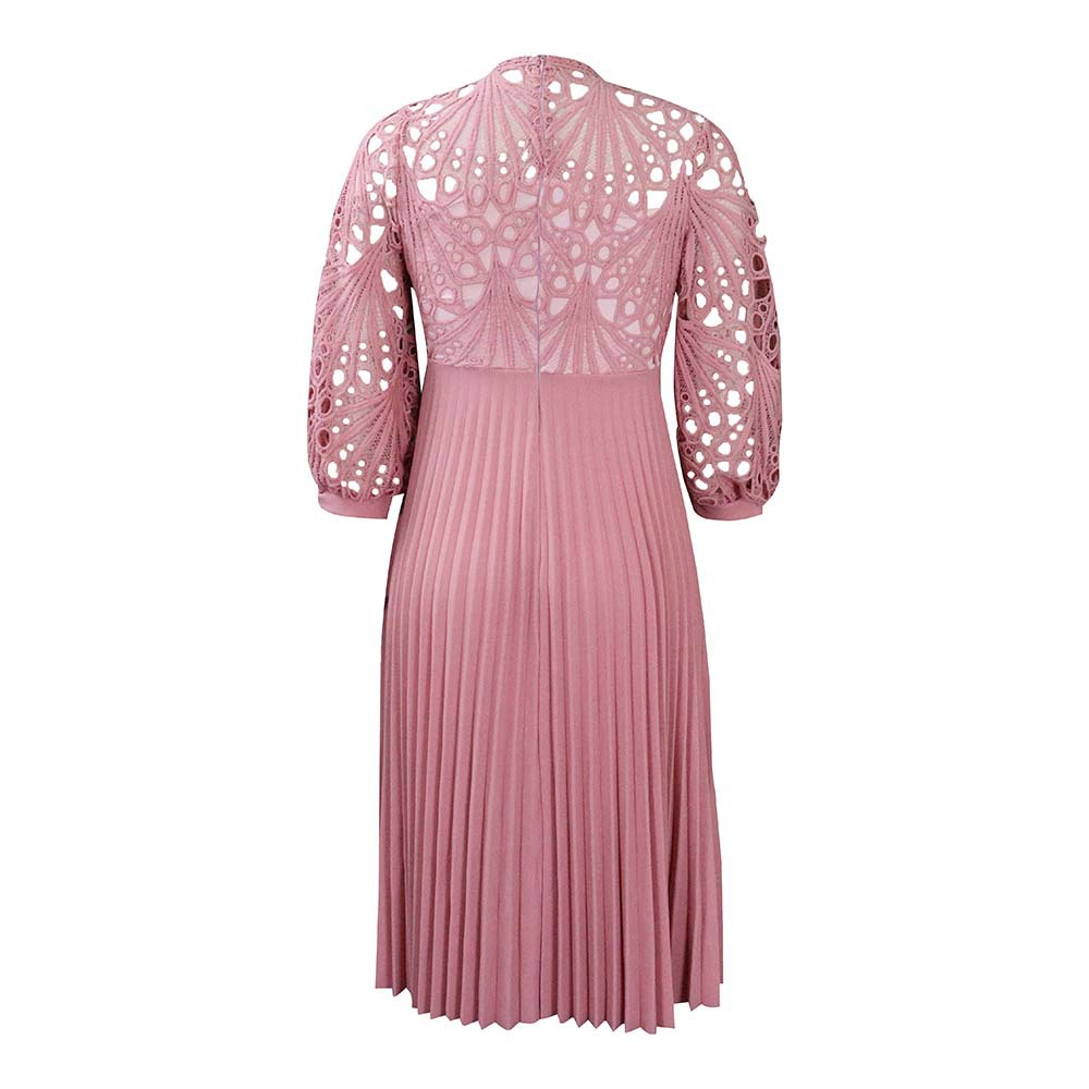 Regular Fit Fit Type Solid Color Pattern Summer, Autumn Season Wholesale Women'S Elegant Patchwork Lace Solid Color Daily Round Neck 3/4 Length Sleeve Pleated Skirt