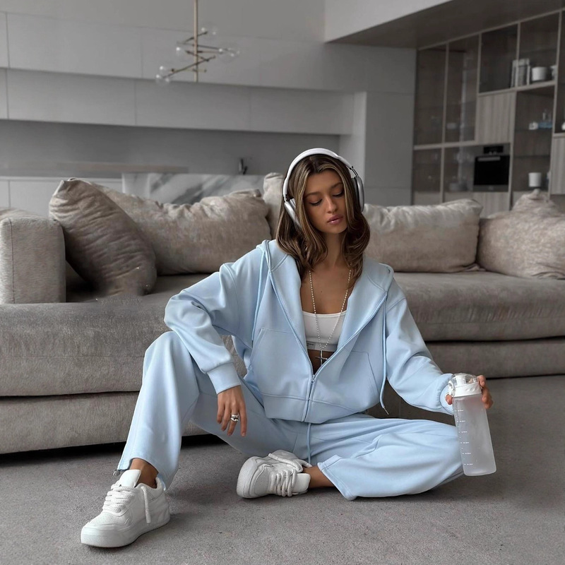 Cross-Border Hot Selling European and American Ins Style Zipper Sweatshirt Suit Loose Casual Hooded Cardigan Top + Sports Pants for Women Cross-Border Hot Selling European and American Ins Style Zipper Sweatshirt Suit Loose Casual Hooded Cardigan Top + Sports Pants for Women