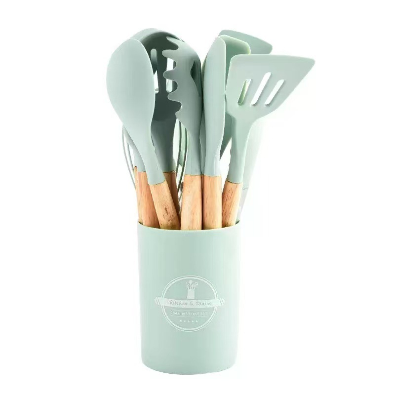 Mango de madera de cocina de silicona 12 piezas conjunto de cocina de silicona antiadherente 12 piezas conjunto de cocina de silicona resistente a alta temperatura