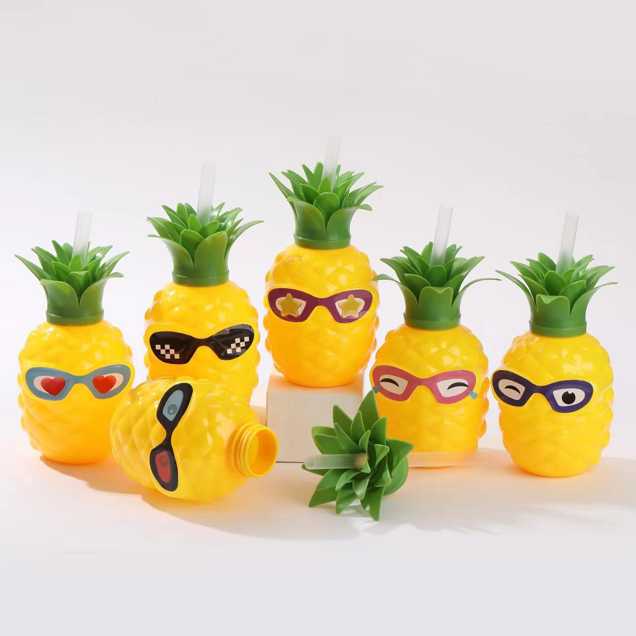 Vaso de plástico PET con forma de piña (600ml), con pajita, diseño de fruta para playa/verano