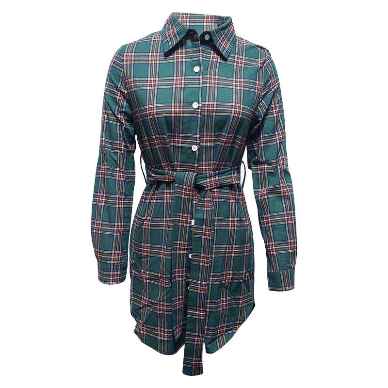 Women Clothing Ladies Collared Long Sleeve Shirt Women Mid-Length Plaid Shirt Shirt Dress