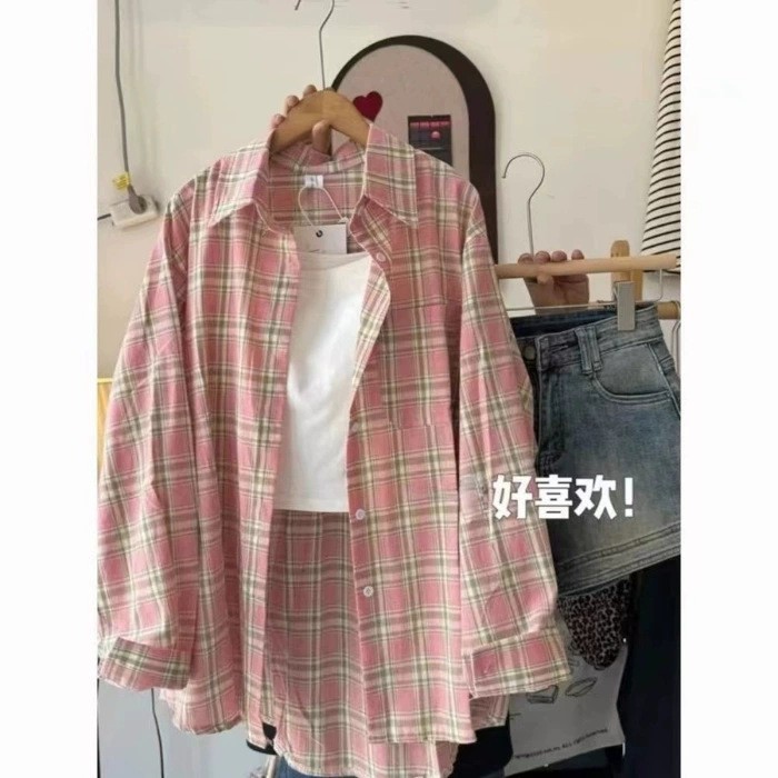 【现货】美式格子宽松衬衫慵懒休闲宽松中长款衬衣长袖外套上衣潮|undefined
