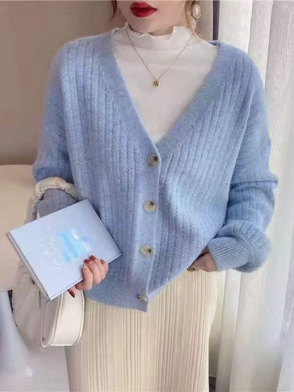 2025秋冬新款宽松复古百搭针织开衫女韩版V领温柔风别致毛衣外套|undefined