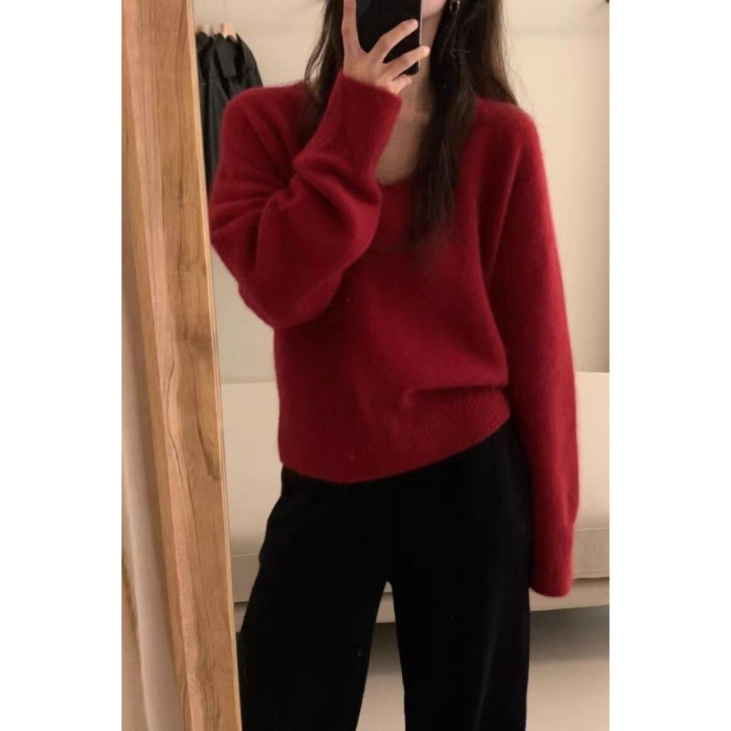 松弛感复古软糯浣熊绒V领毛衣女秋冬慵懒风外穿针织衫打底上衣|undefined
