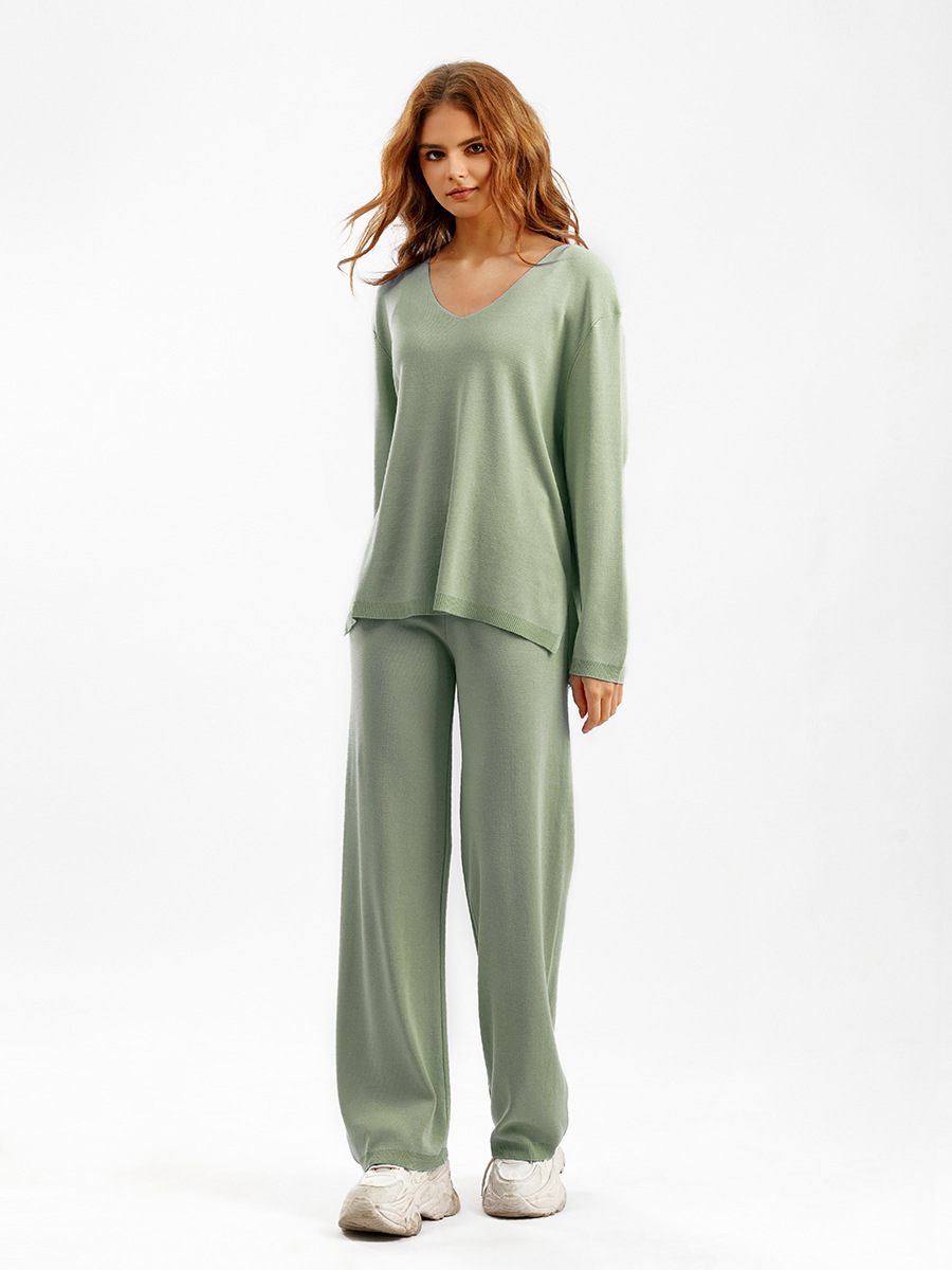 Solid Color V neck Ice Silk Suit Spring Autumn Loose High Waist Casual Two Piece Sweater