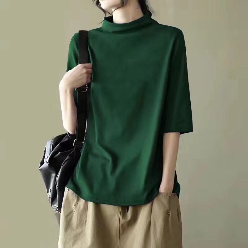 American-Style Heavyweight Pure Cotton Half-Sleeve Women's Top, Large Size, Loose Fit, Half-High Collar, Vintage Artistic Summer Casual Top, Trendy American-Style Heavyweight Pure Cotton Half-Sleeve Women's Top, Large Size, Loose Fit, Half-High Collar, Vintage Artistic Summer Casual Top, Trendy