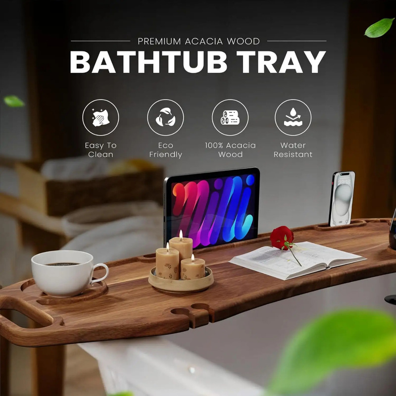 Cross-Border Acacia Wood Bathtub Tray, Solid Wood Bath Table with Cup Holder and Phone Holder, Hotel Bathroom Storage Rack Cross-Border Acacia Wood Bathtub Tray, Solid Wood Bath Table with Cup Holder and Phone Holder, Hotel Bathroom Storage Rack
