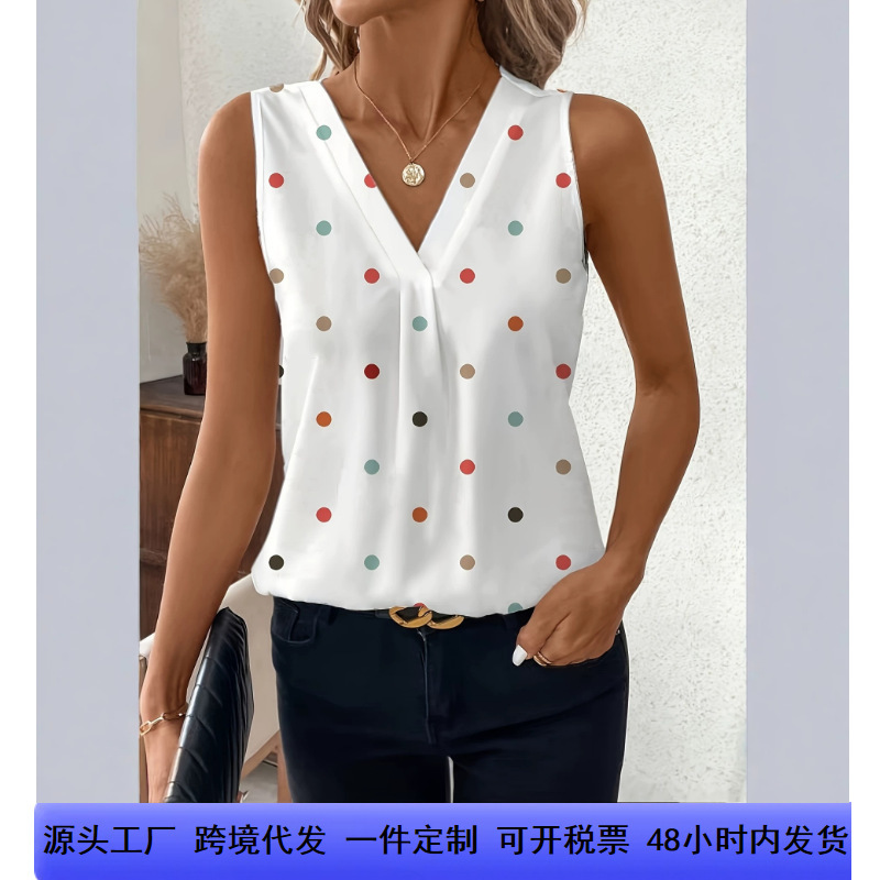 Cross-Border Exclusive Supply of Women's Sleeveless Tops, V-Neck Pullover Polka Dot Print T-Shirts, European and American Women's Clothing, One-Piece Dropshipping Customization