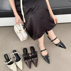 复古尖头皮带扣包头半拖鞋女2025年春夏新款时装拖鞋御姐风高跟鞋