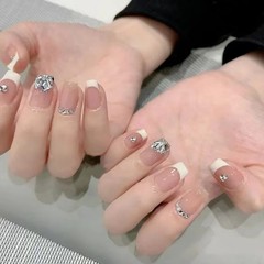 B572 French Brilliance Medium-Long Square Nail Fashion Style Simple Elegant Show Hands White Wearing Nail False Nail Sticker Finished Product