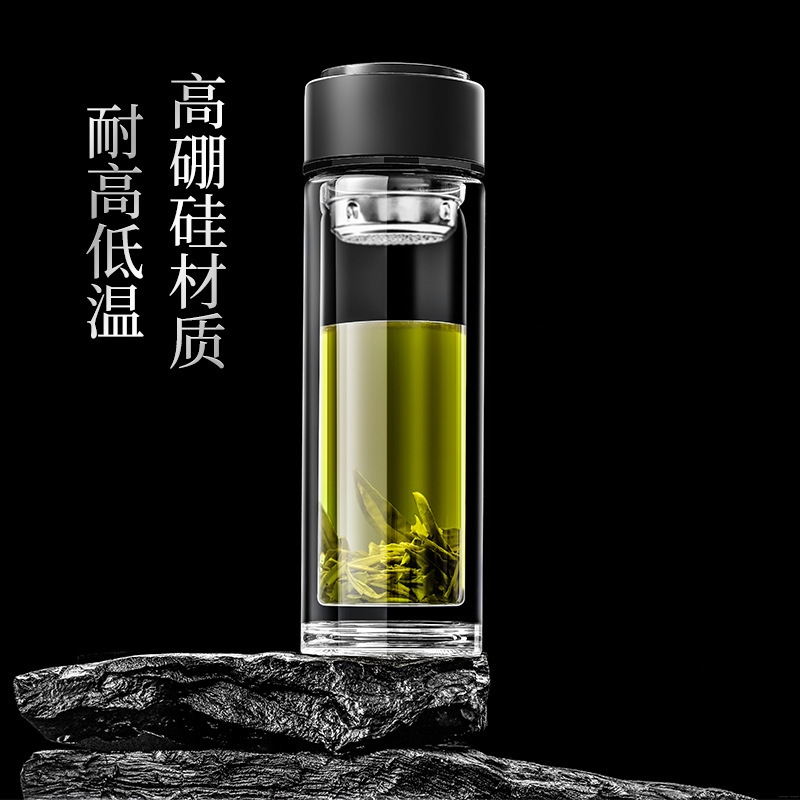 提環玻璃茶杯雙層隔熱過濾水杯批發男士商務水杯辦公室泡茶杯子