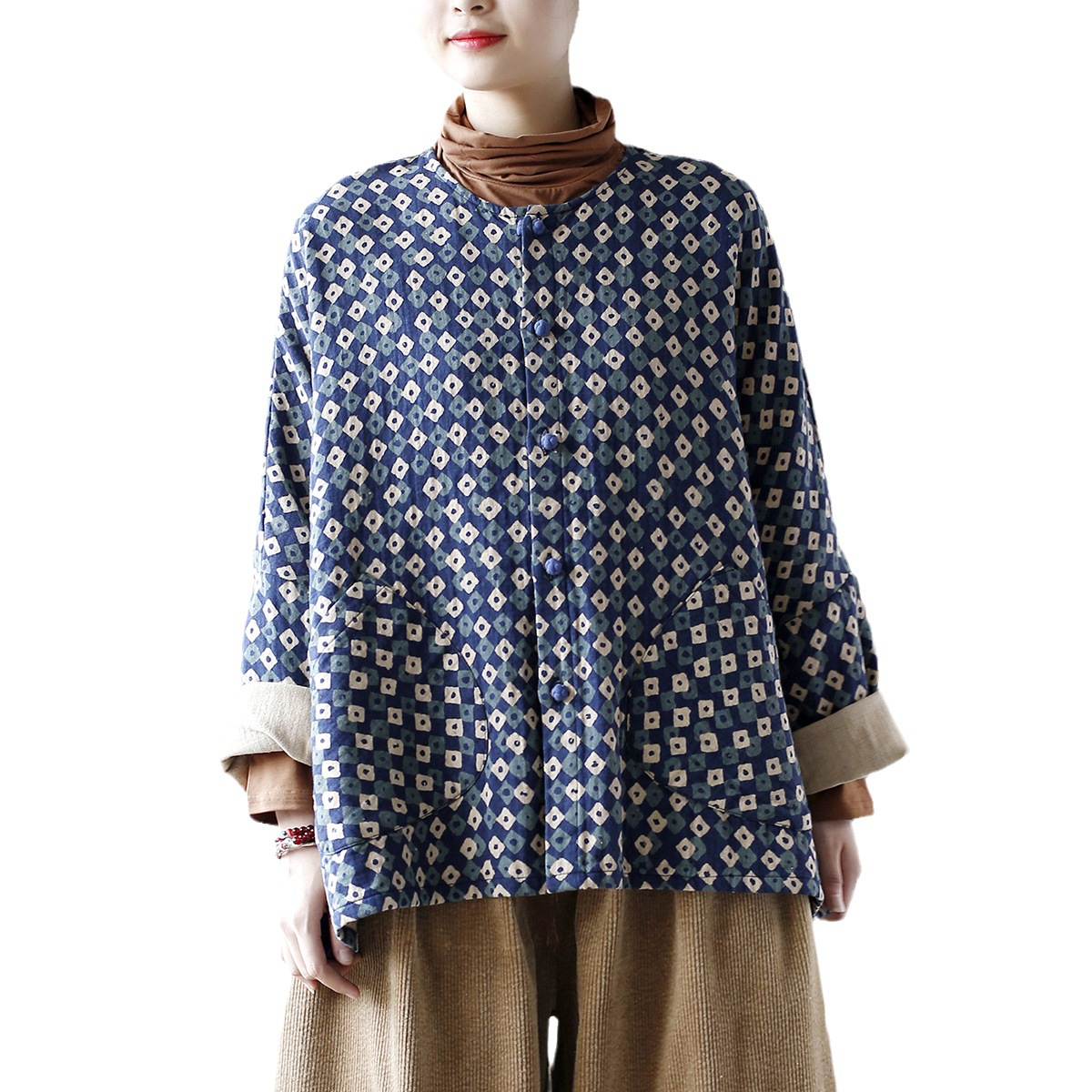 23103 Xi Mo original artístico retro cuello redondo suelta Batwing manga hebilla superior de las mujeres estilo étnico abrigo