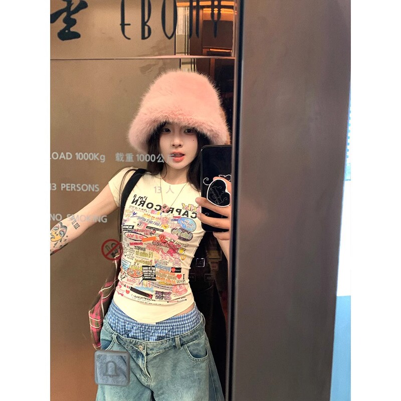 Cartoon Printed Short-Sleeved Shoulder T-Shirt Women's Summer New Slim-Fit Short Round Neck Top Cartoon Printed Short-Sleeved Shoulder T-Shirt Women's Summer New Slim-Fit Short Round Neck Top