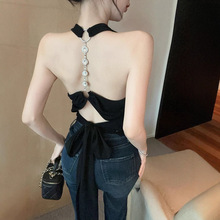 辣妹露背镂空镶钻设计吊带背心女带胸垫性感修身绑带纯欲风上衣女