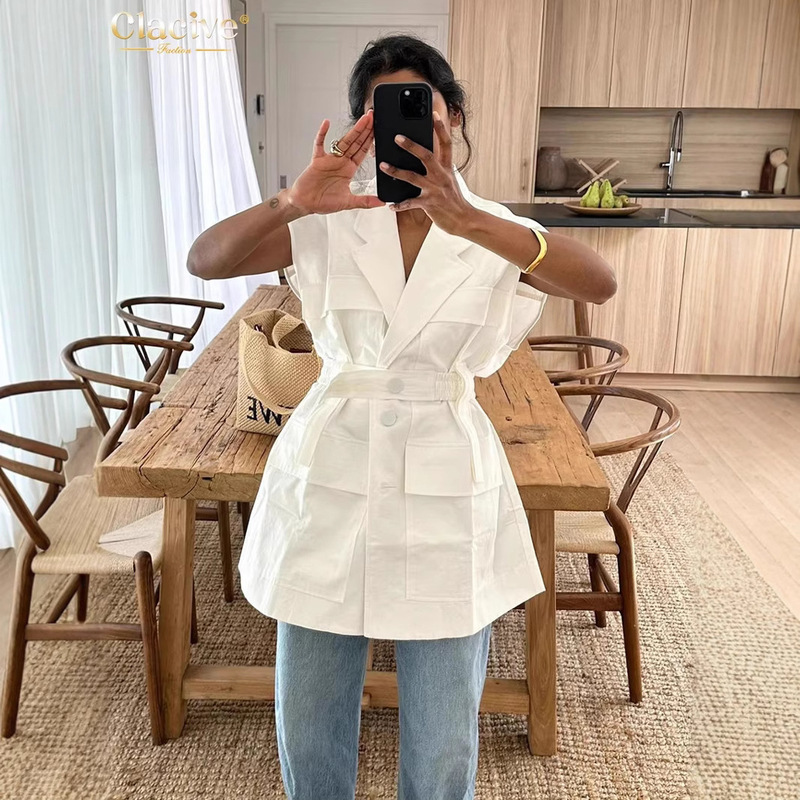 European and American Women's Explosion Sleeveless Work Shirt Trend Fashion Multi-pocket Design Sense Belt Loose Top Women