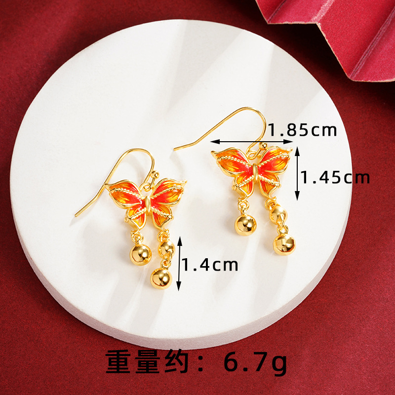 Antiguo collar de oro de arena vietnamita, esmalte de colores, pendientes de mariposa con flecos, lujo ligero, joyería de alta calidad que no se desvanece durante mucho tiempo