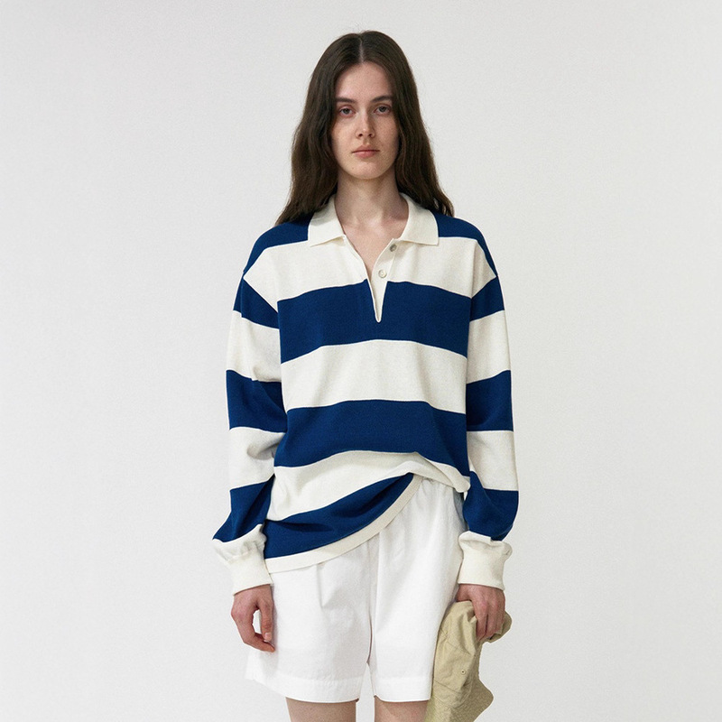 Th~Row Korean Niche 2025 New Stripesd Knitwear Lapel Long-Sleeved Top Loose Knitwear