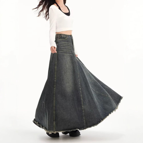 Glamorous Vintage American Style Denim Half-Body Skirt for Women - High-Waisted Slimming Medium-Length A-Line Hip-Hugging Fish-Tail Maxi Skirt