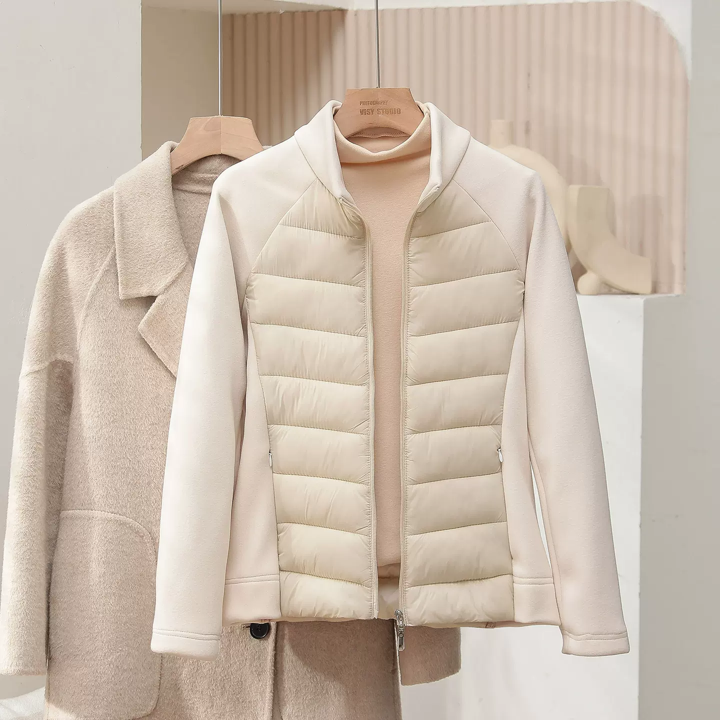 外贸新款拼接运动棉服女保暖立领瑜伽服排骨修身轻薄冬季户外外套