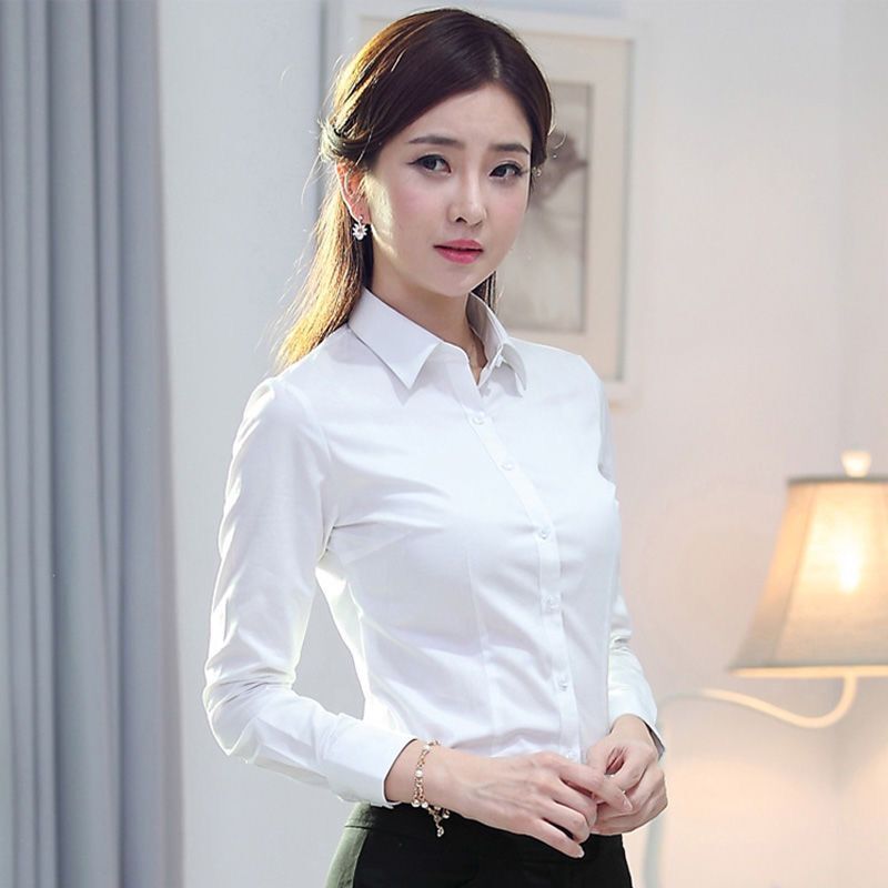 Spring and Autumn White Shirt for Women, Long-Sleeved, Slim-Fit Workwear, Formal Wear, Plus Size Base Shirt, Commuter Style, Elegant and Professional