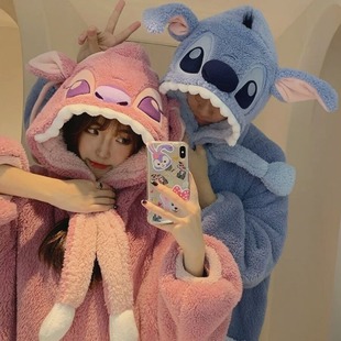 Stitch autumn and winter couple pajamas women's coral fleece winter home wear men's thickened nightgown flannel suit