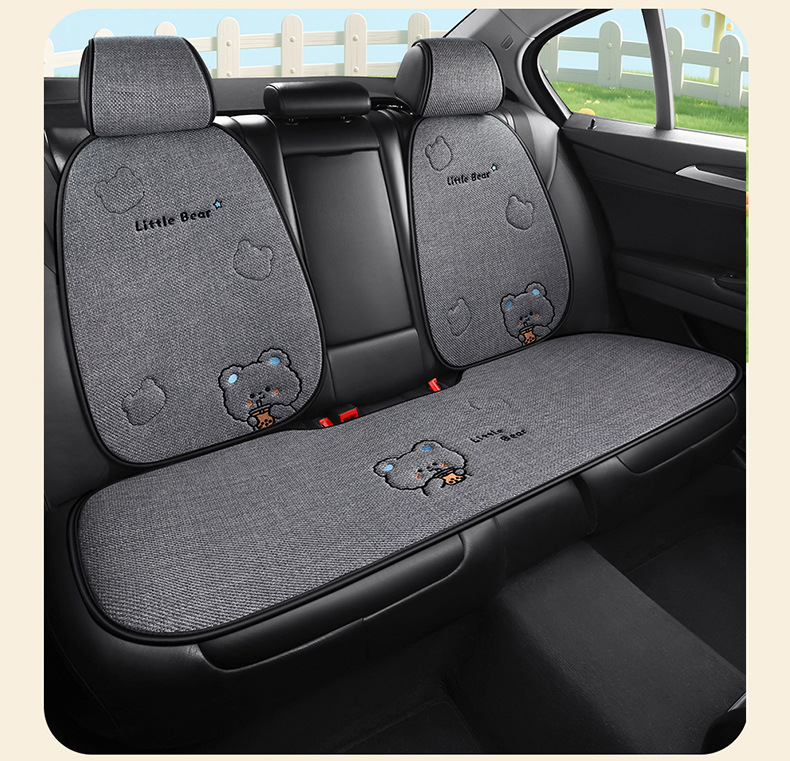 X009 Pure Hemp Milk Tea Little Bear Car Seat Cushion Universal Four Seasons Car Seat Pad Cute Cartoon Seat Cover Interior Accessories