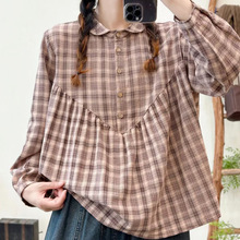 秋季女装新款森女系格子翻领宽松大码套头长袖衬衫女衬衣