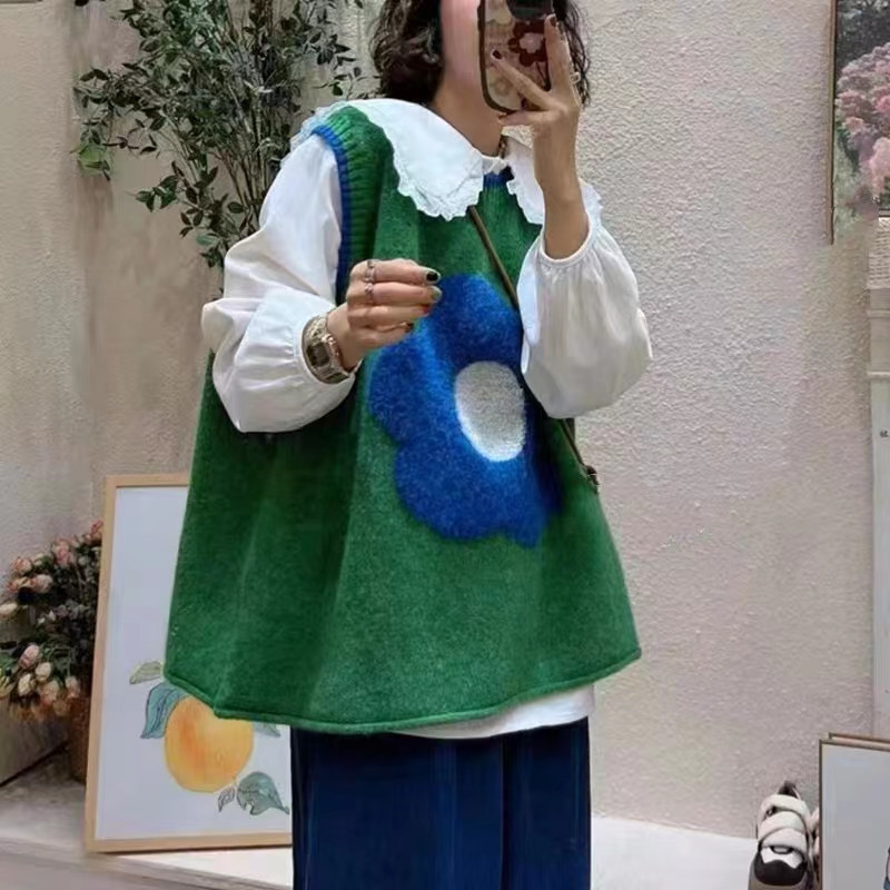 Nuevo chaleco sin mangas a juego de color redondo de punto última moda Color de contraste suelta suéter de chaleco de estilo coreano para mujer 2023 Otoño e Invierno