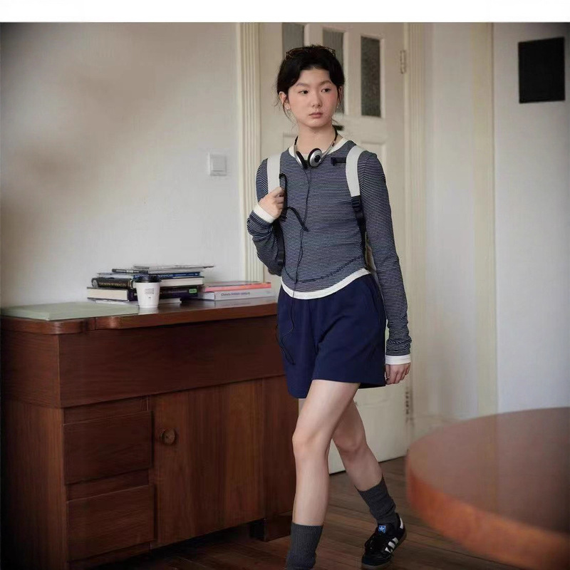 复古百搭领口撞色拼接假两件条纹长袖T恤女修身显瘦短款打底衫秋|undefined