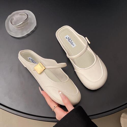 Baotou Slippers for Women - Summer Soft Sole Outwear Vintage French Lazy Shoes One-Piece Semi-Drag Beach Slippers