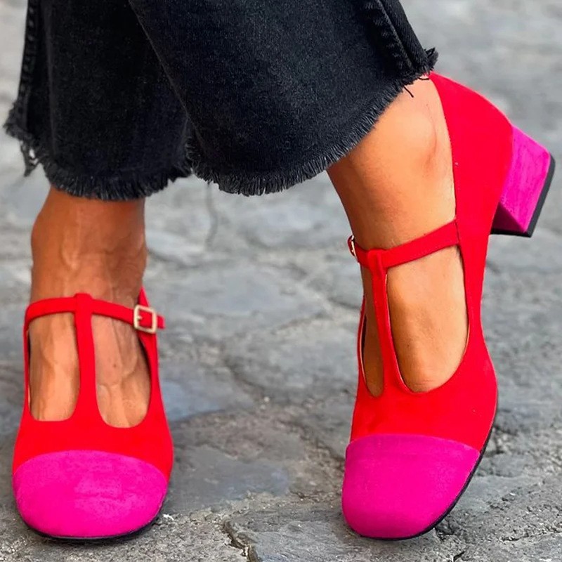 Cross-Border Supply 2025 Spring and Autum Comfortable Medium Heel 33-48 Color Matching T-Shaped Buckle Square Toe Mary Jane Shoes for Women