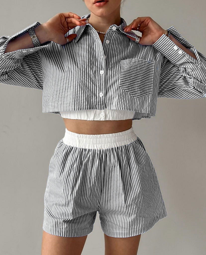 Striped Shirt Long Sleeve Ladies Two Piece Set Casual Elastic Waist Shorts Suit Summer