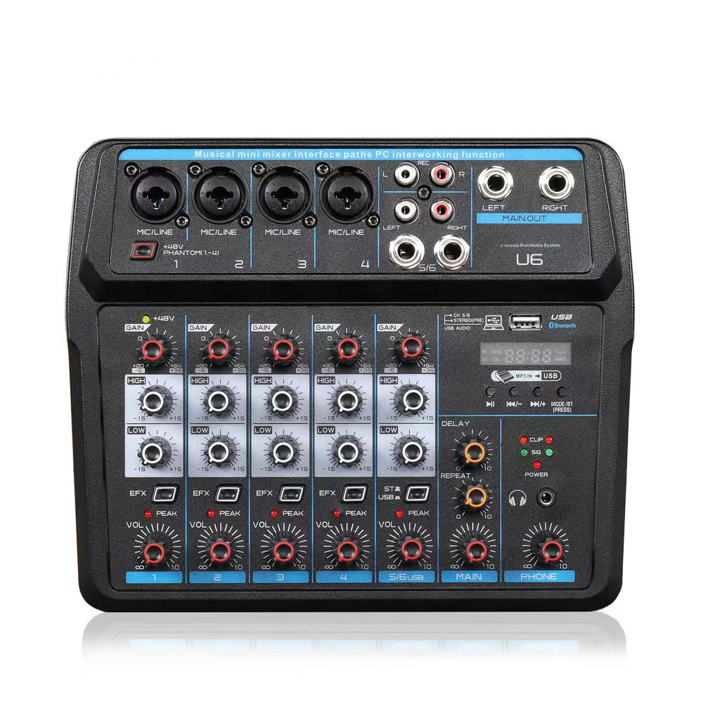 Ventas directas de fábrica mezclador de DJ de seis vías mezclador de audio grabación en vivo mezclador de música tarjeta de sonido transmisión en vivo