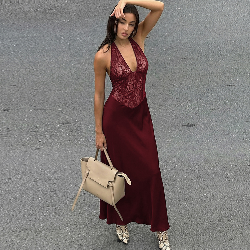 Europa y los Estados Unidos de la ropa de mujer 2025 invierno nueva moda profunda V encaje empalme agujero cintura retraída vestido de cuello colgante mujer
