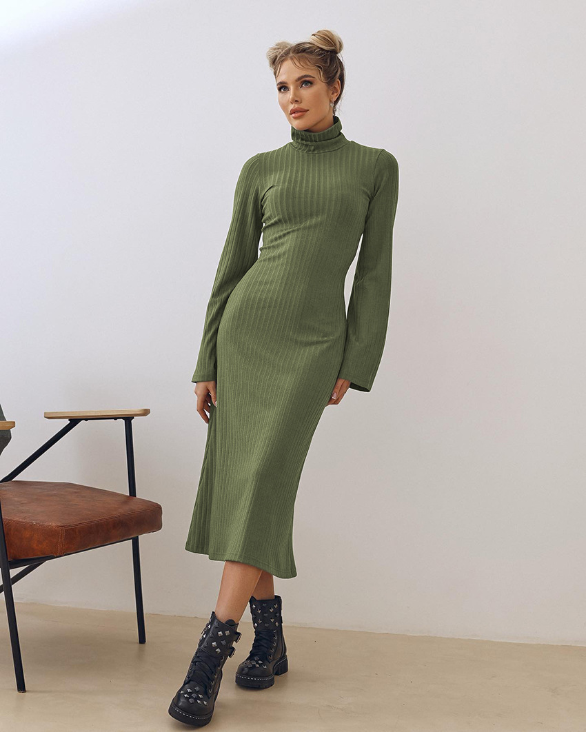 high collar long sleeve slim solid color dress NSSQS139533