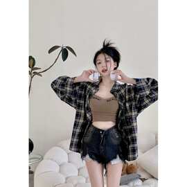 5056#格子中长款衬衫女ins风2026新款设计感外穿小众长袖上衣