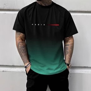 Street Trendy Design 2025 Summer Men's Versatile Gradient Letter Print Crew Neck T-Shirt