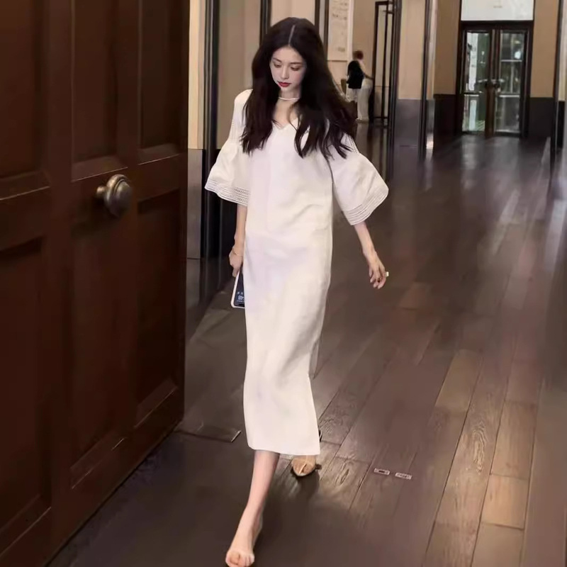 Summer Full Linen Cut Out Splicing Lace Style V Neck Loose Slit Medieval White Dress for Women
