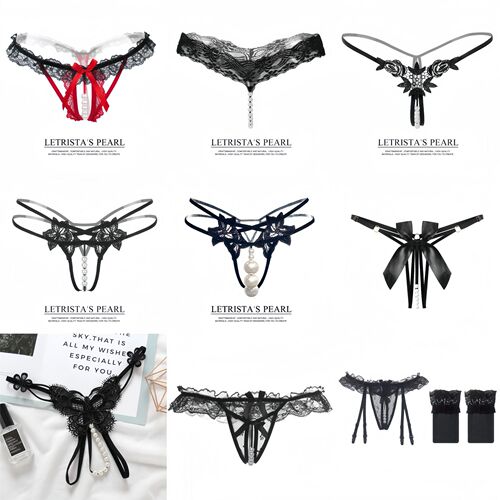 Sexy Hollow Women's Underwear Pearl Massage Open-Crotch Alluring Lace Thong Transparent Passionate Stretchy T-Back Sexy