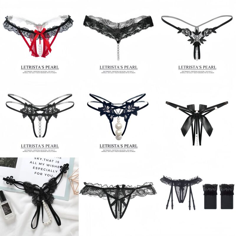 Sexy Hollow Women's Panties Pearl Massage Open Crotch Temptation Lace Thong Transparent Passion Elastic T-Pants