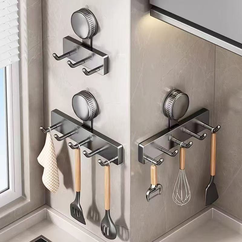 Suction Cup Kitchen Rack, No-Drill Spoon and Spatula Wall Hook, Strong Load-Bearing, Traceless Adhesive Hook, Whole Row Storage Rack