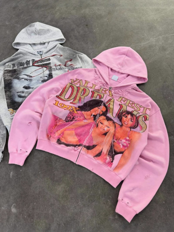 ヨーロッパとアメリカのクロスボーダーレトロヒップホッププリント長袖Tシャツヘビーフード付きスウェットシャツカジュアル秋冬新作ジャケット|undefined