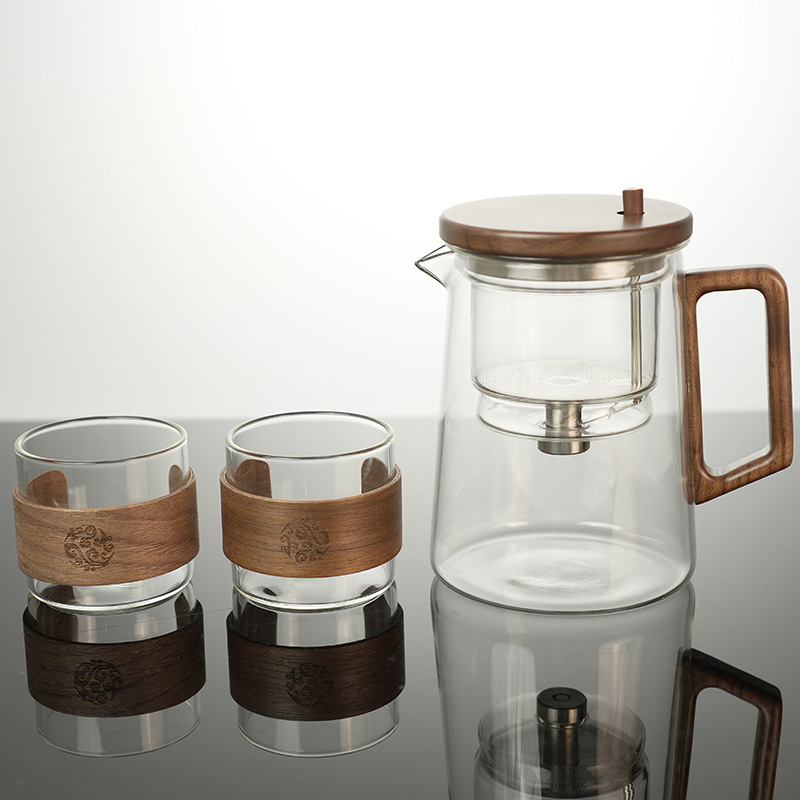 Piaoyi taza tetera filtro de un solo clic nogal resistente a altas temperaturas revestimiento de vidrio completo taza de separación de té juego de té de alta gama