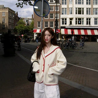 生C 羊毛大翻领飞鸟刺绣撞色包边毛衣秋冬女韩系复古针织开衫外套