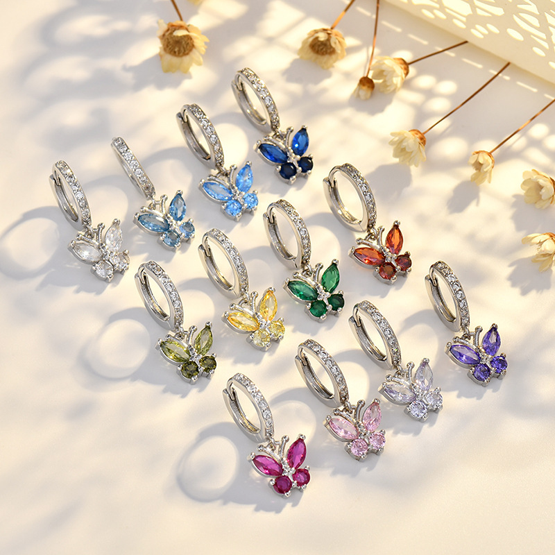 Cross-Border Twelve Stars Butterfly Sterling Silver Needle Earrings Temperament Korean Style Fashion Casual Birthday Zircon Earrings Jewelry